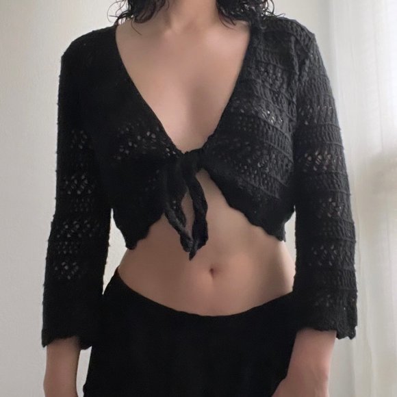 Fashion Bug Crochet Wrap Tie Flare Sleeve Cardigan Top - Picture 1 of 4